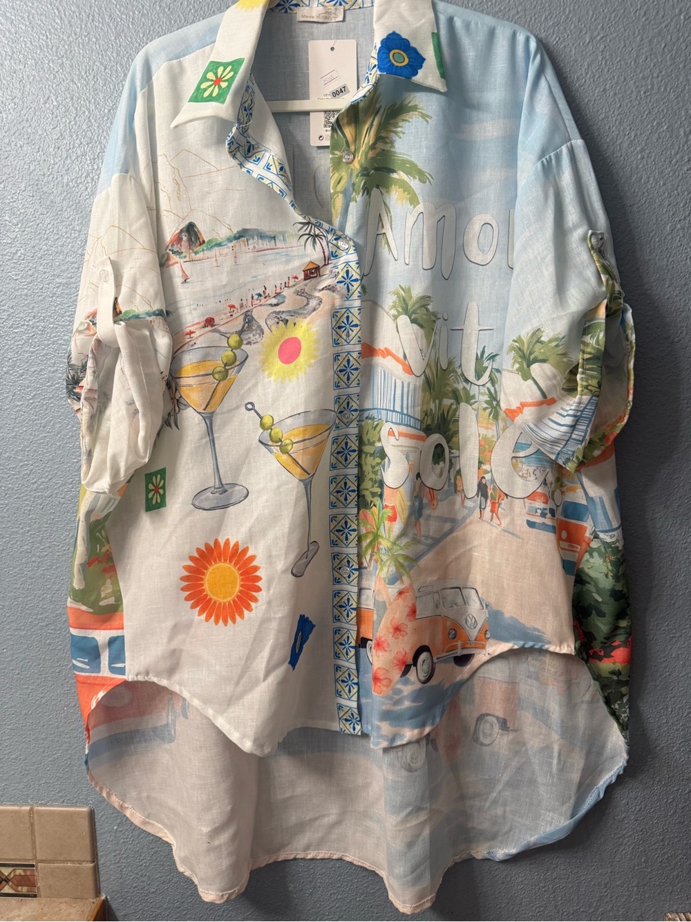 Tropical Beach Print Button-Up Shirt in Pastel Blue & White